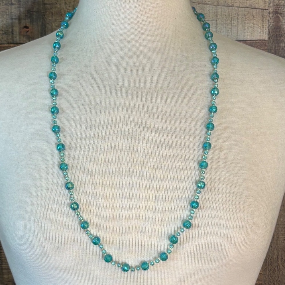 Teal Iridescent Faceted Glass Bead Continuous Strand Necklace 30 Inch